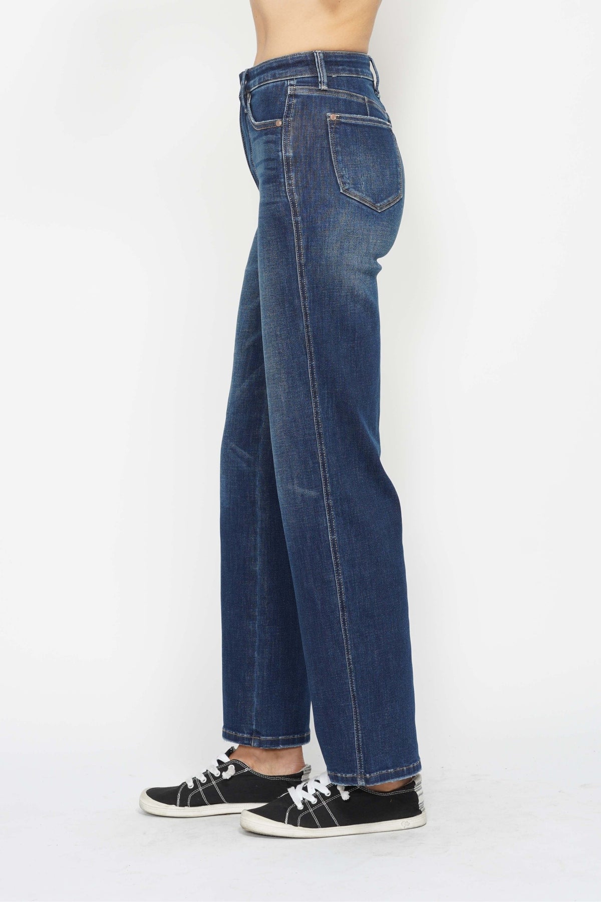 judy blue high waited tummy control classic straight jeans in dark wash-side