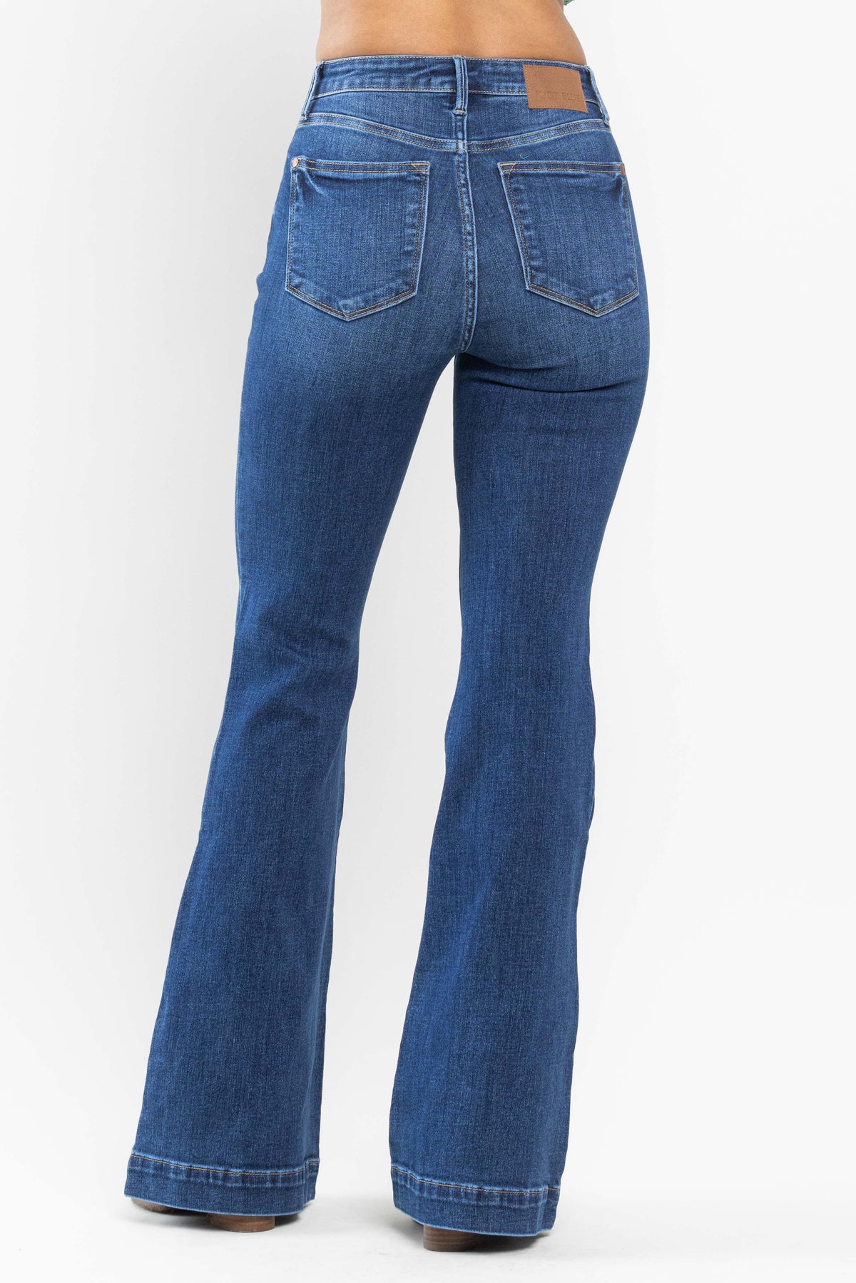 judy blue high waisted wide hem flare jeans in medium wash-back