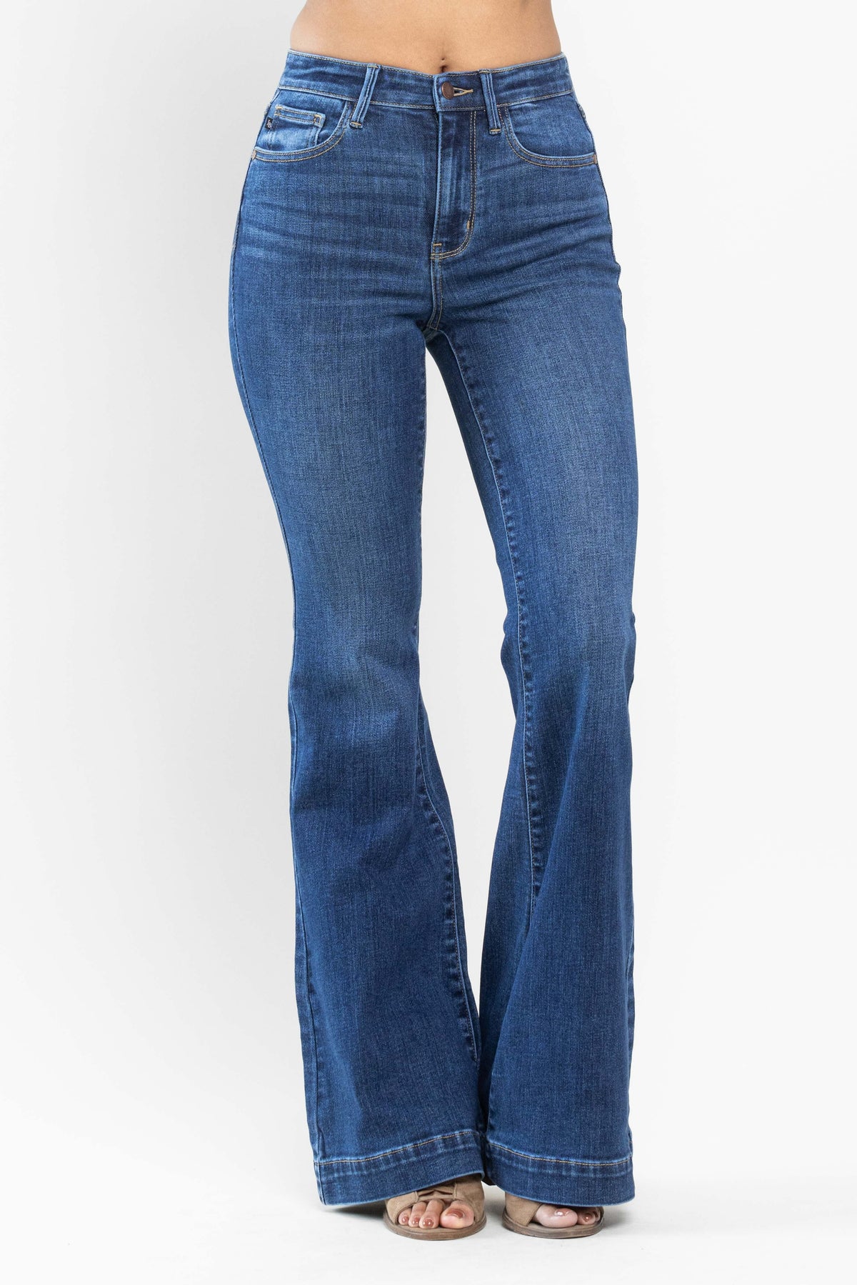 judy blue high waisted wide hem flare jeans in medium wash-front