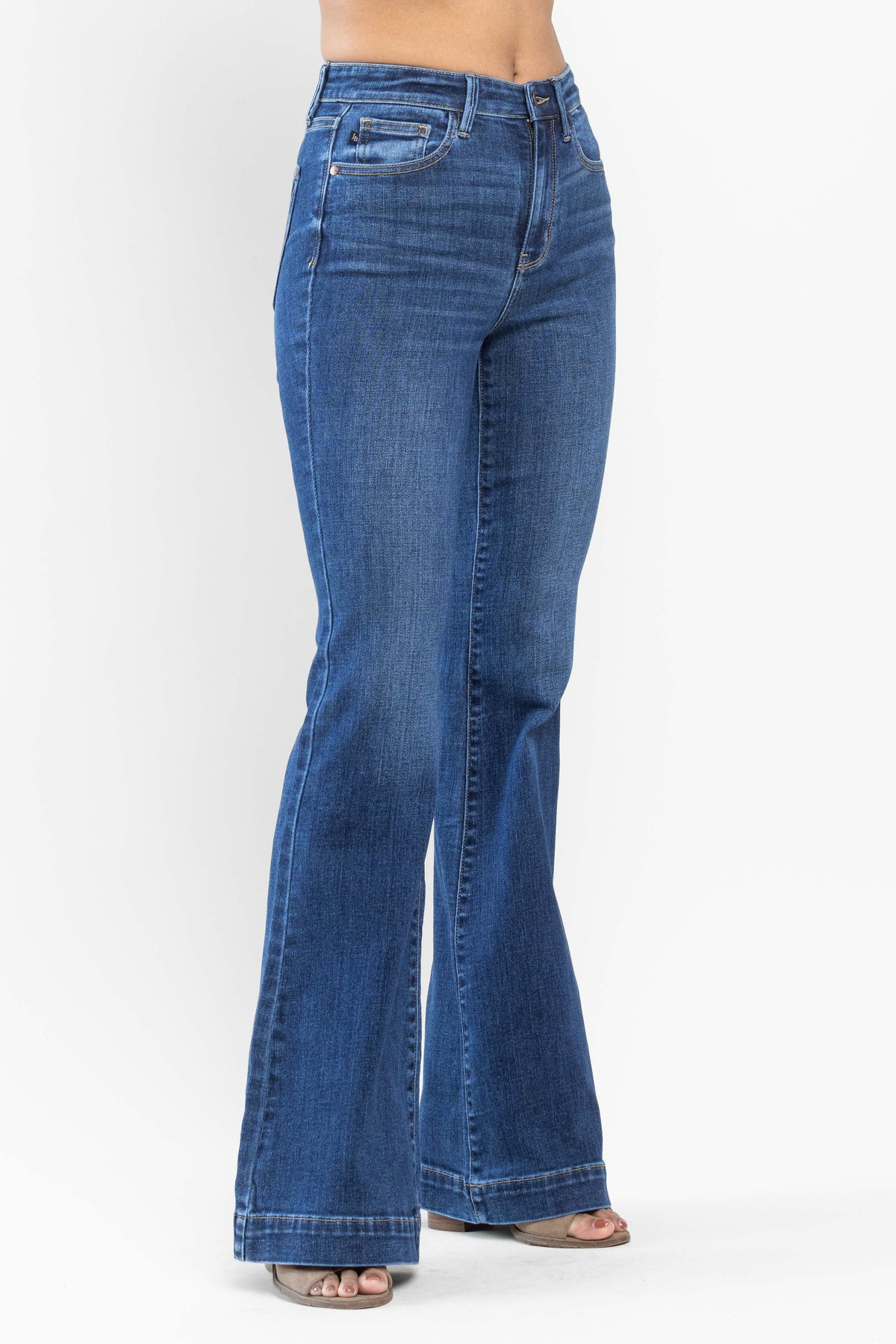 judy blue high waisted wide hem flare jeans in medium wash-side