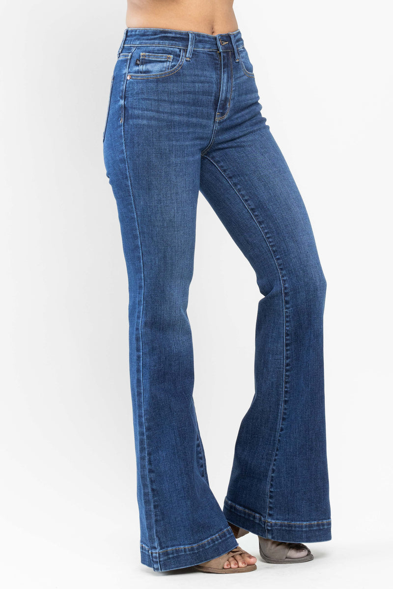 judy blue high waisted wide hem flare jeans in medium wash-side