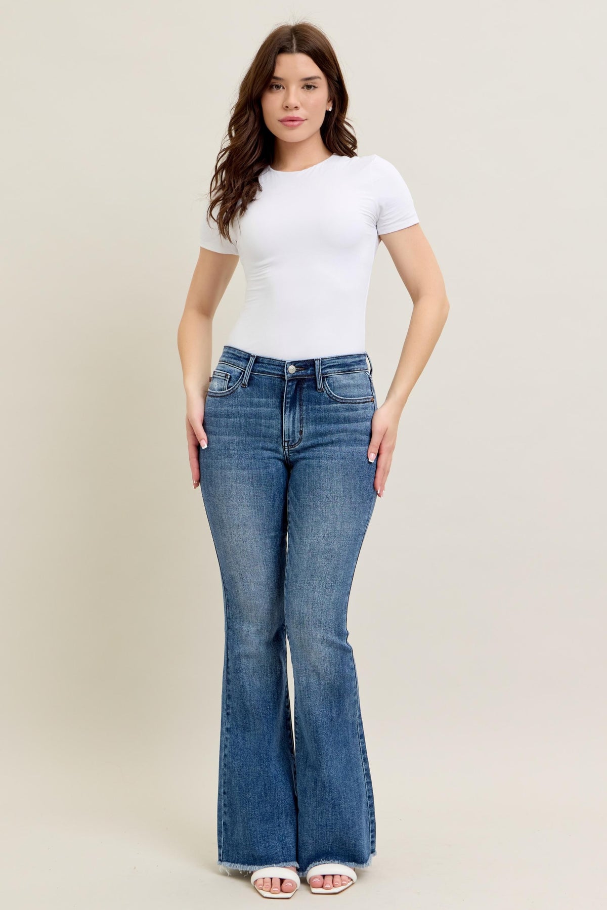 Judy Blue Medium Rise Fray Hem Flare Jeans  in medium 