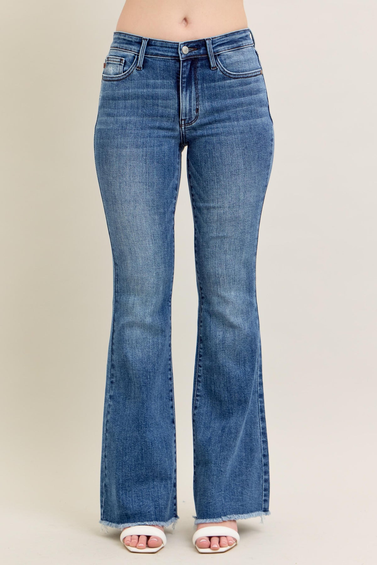 Judy Blue Medium Rise Fray Hem Flare Jeans  in medium 