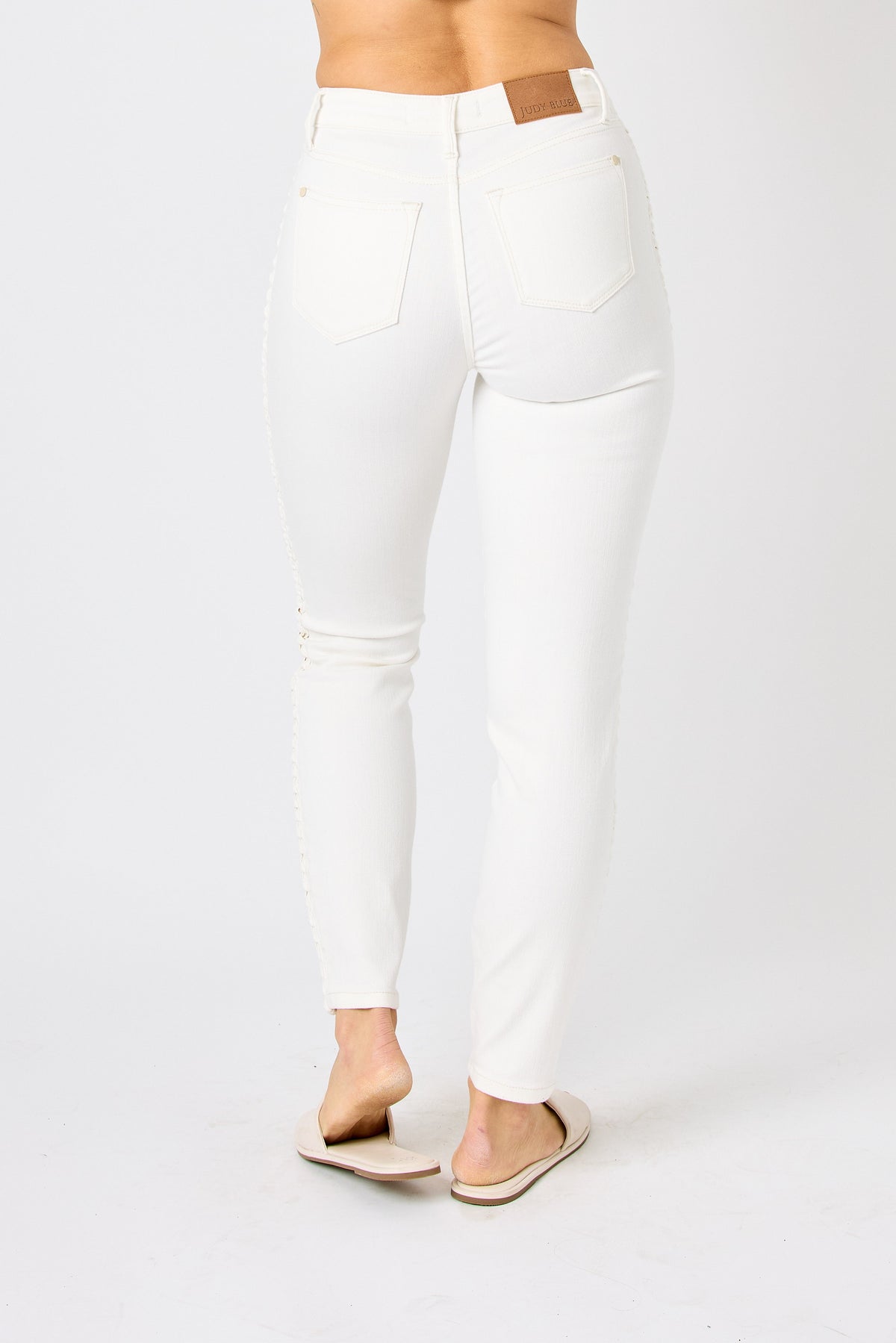judy blue mid rise braided detail relaxed jeans in white-back view