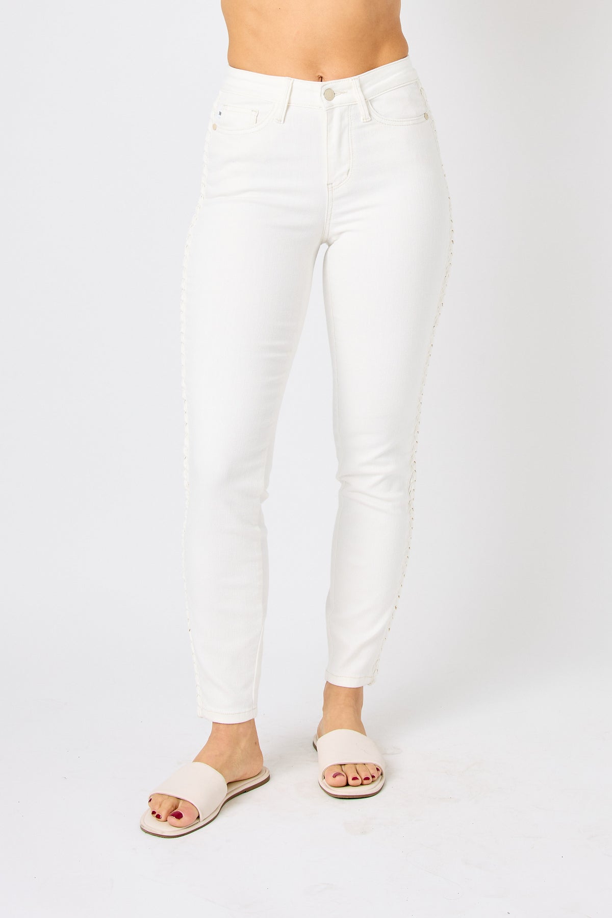 judy blue mid rise braided detail relaxed jeans in white-front view