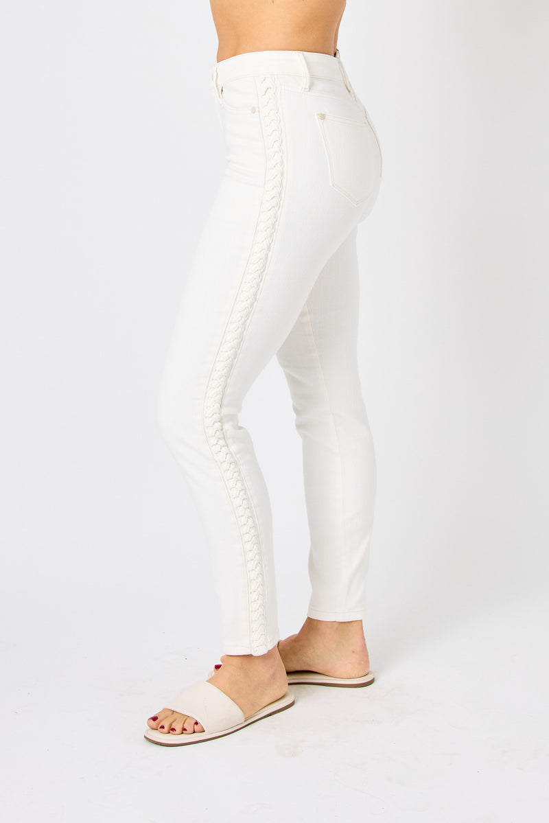 judy blue mid rise braided detail relaxed jeans in white-side view