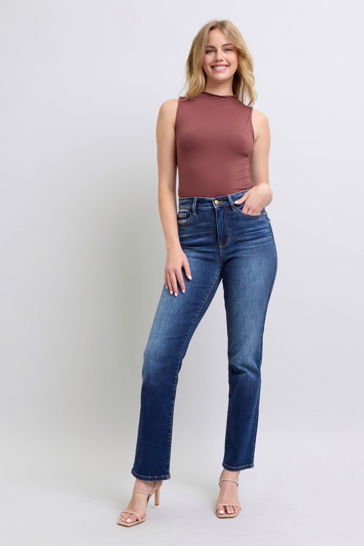 Judy Blue Vintage Wash Thermal Straight Leg Jeans- front