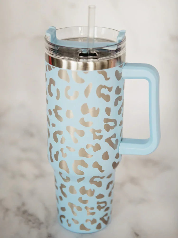 Light Blue Metallic Leopard Insulated Tumbler with Straw 40oz