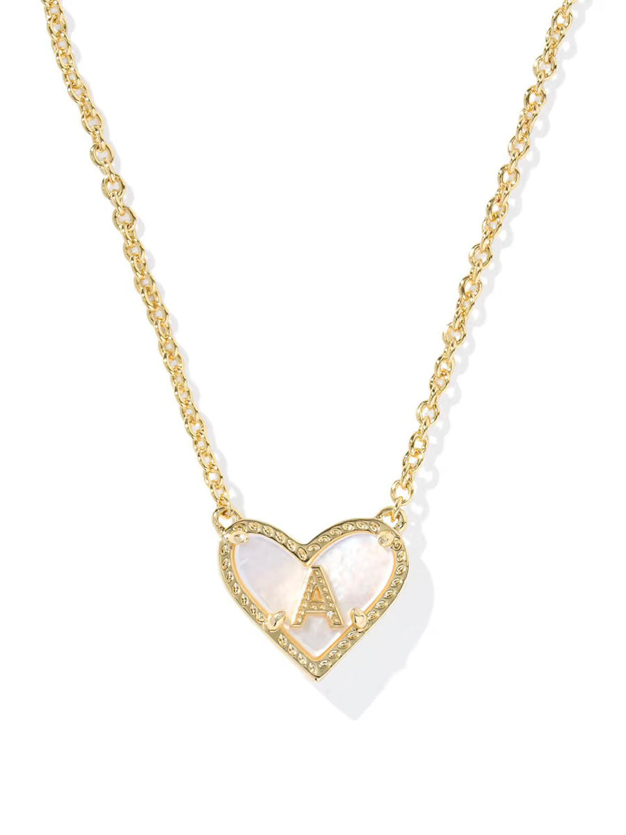 Kendra Scott Ari Heart Letter A Gold Short Pendant Necklace in Ivory Mother-of-Pearl