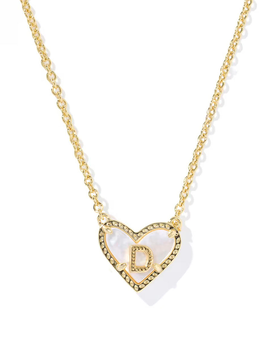 Kendra Scott Ari Heart Letter D Gold Short Pendant Necklace in Ivory Mother-of-Pearl