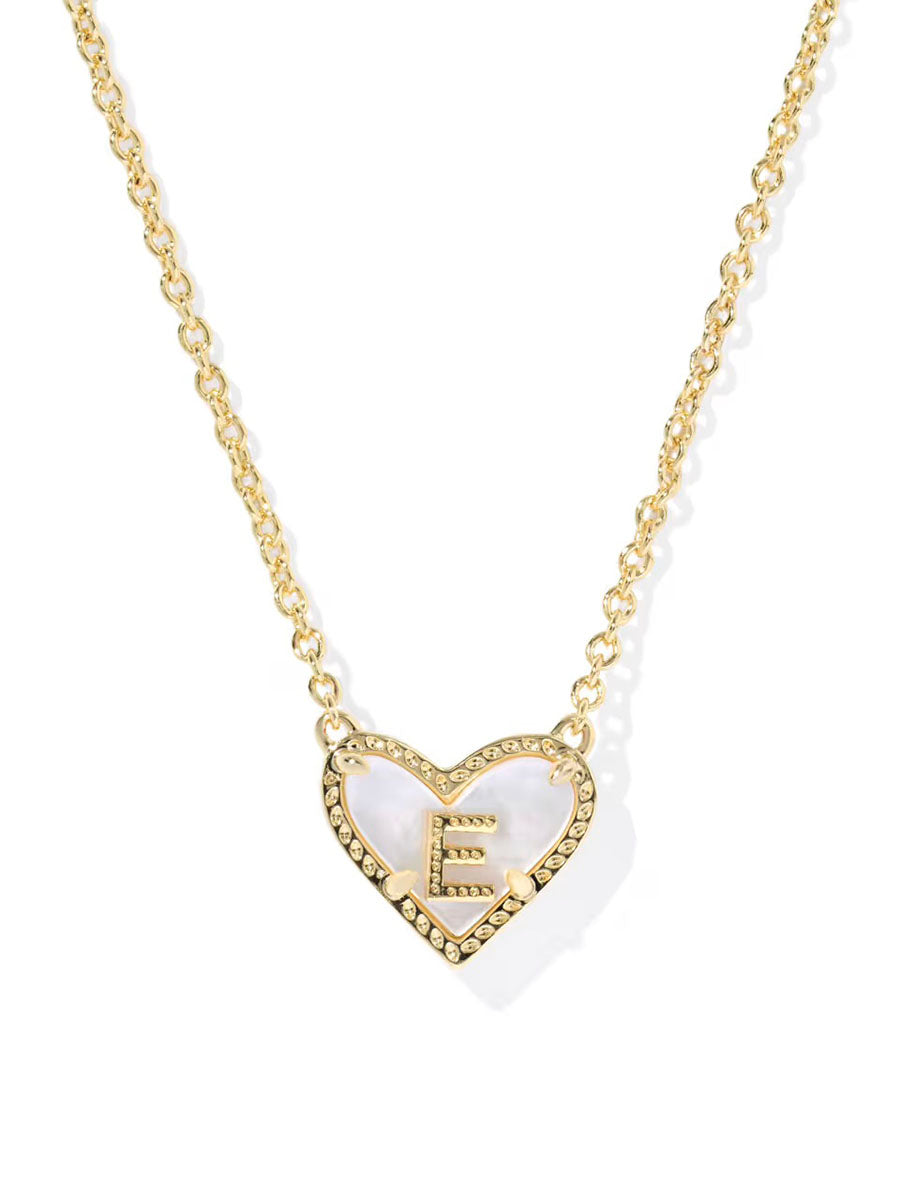 Kendra Scott Ari Heart Letter E Gold Short Pendant Necklace in Ivory Mother-of-Pearl