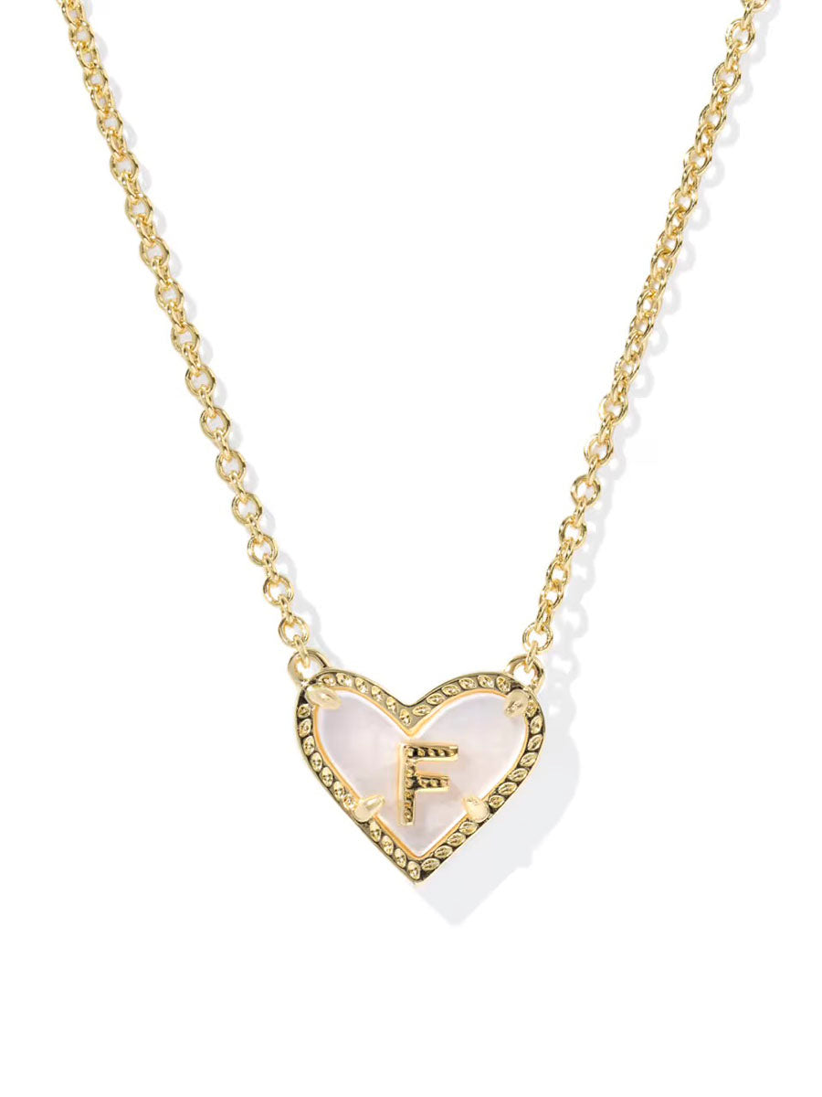 Kendra Scott Ari Heart Letter F Gold Short Pendant Necklace in Ivory Mother-of-Pearl