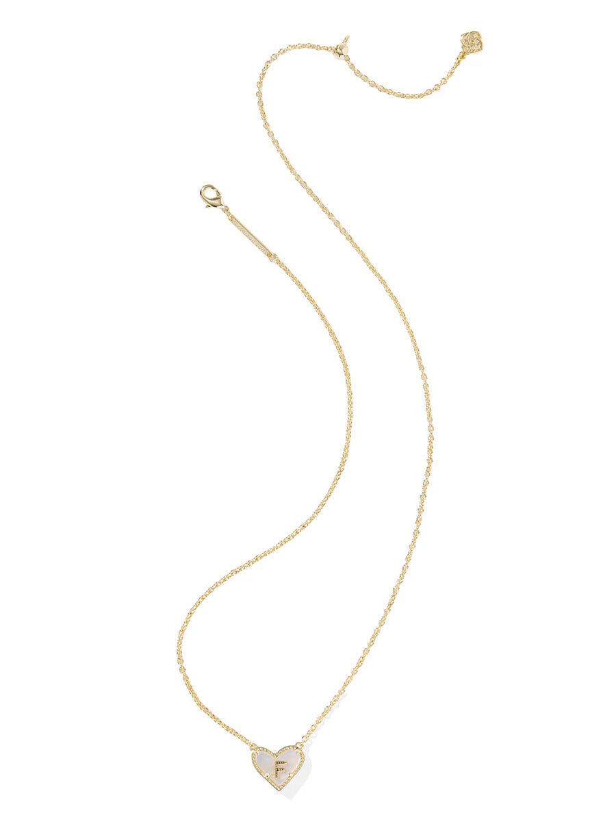 Kendra Scott Ari Heart Letter F Gold Short Pendant Necklace in Ivory Mother-of-Pearl