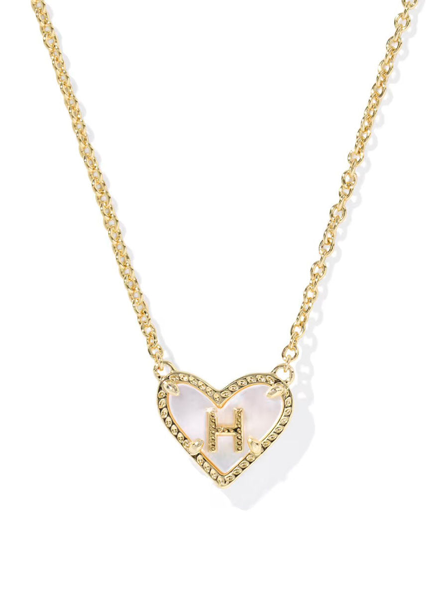 Kendra Scott Ari Heart Letter H Gold Short Pendant Necklace in Ivory Mother-of-Pearl