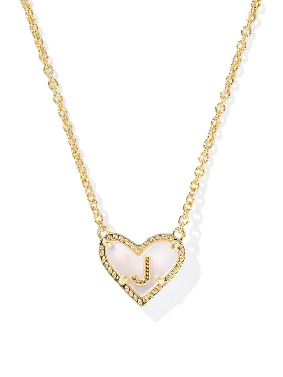 Kendra Scott Ari Heart Letter J Gold Short Pendant Necklace in Ivory Mother-of-Pearl