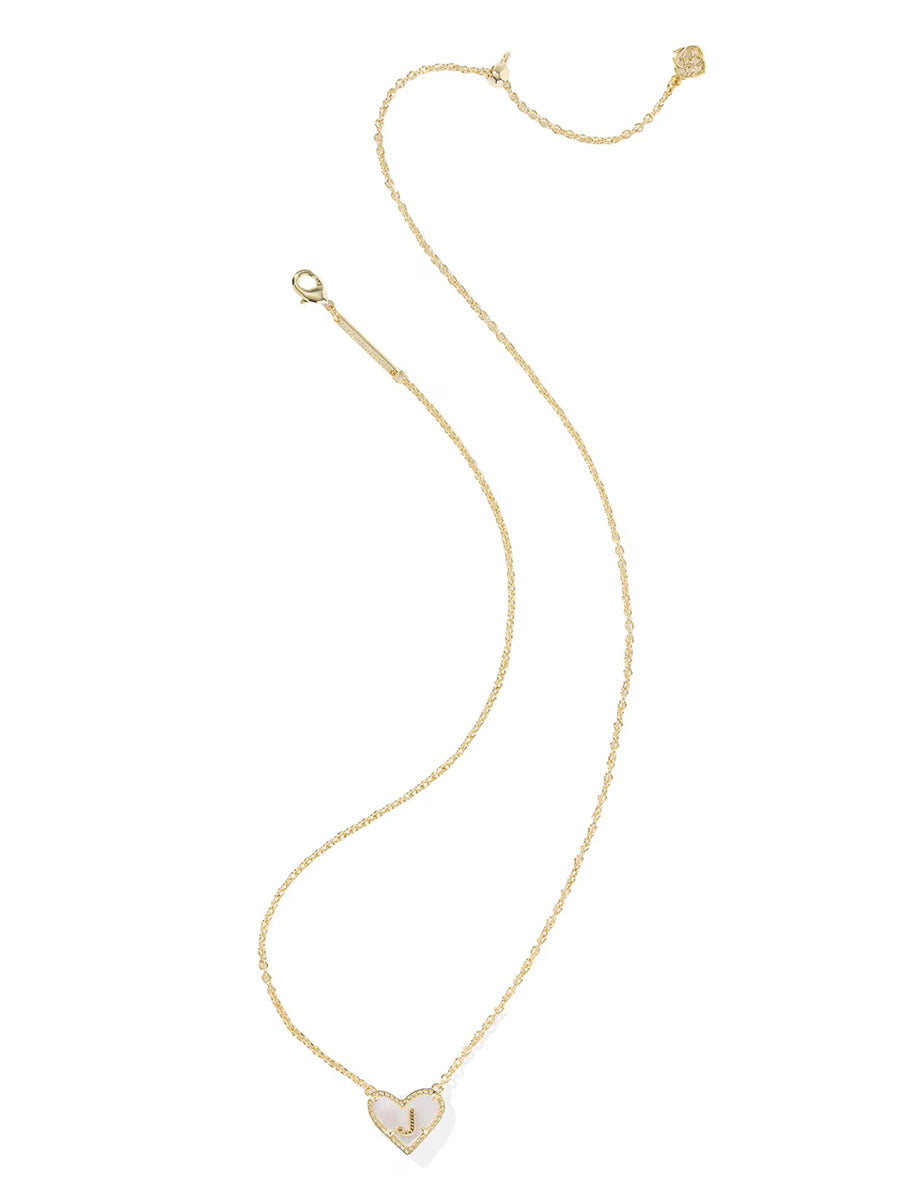 Kendra Scott Ari Heart Letter J Gold Short Pendant Necklace in Ivory Mother-of-Pearl