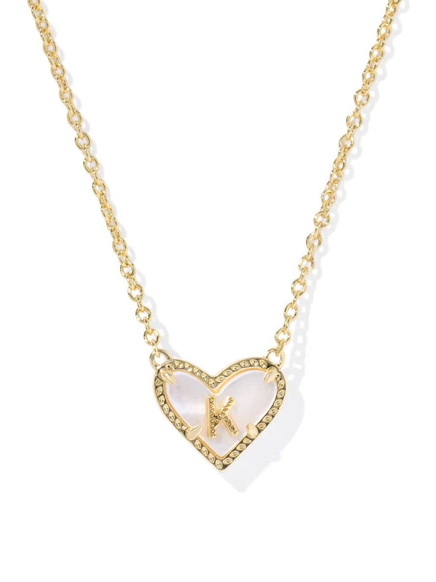 Kendra Scott Ari Heart Letter K Gold Short Pendant Necklace in Ivory Mother-of-Pearl