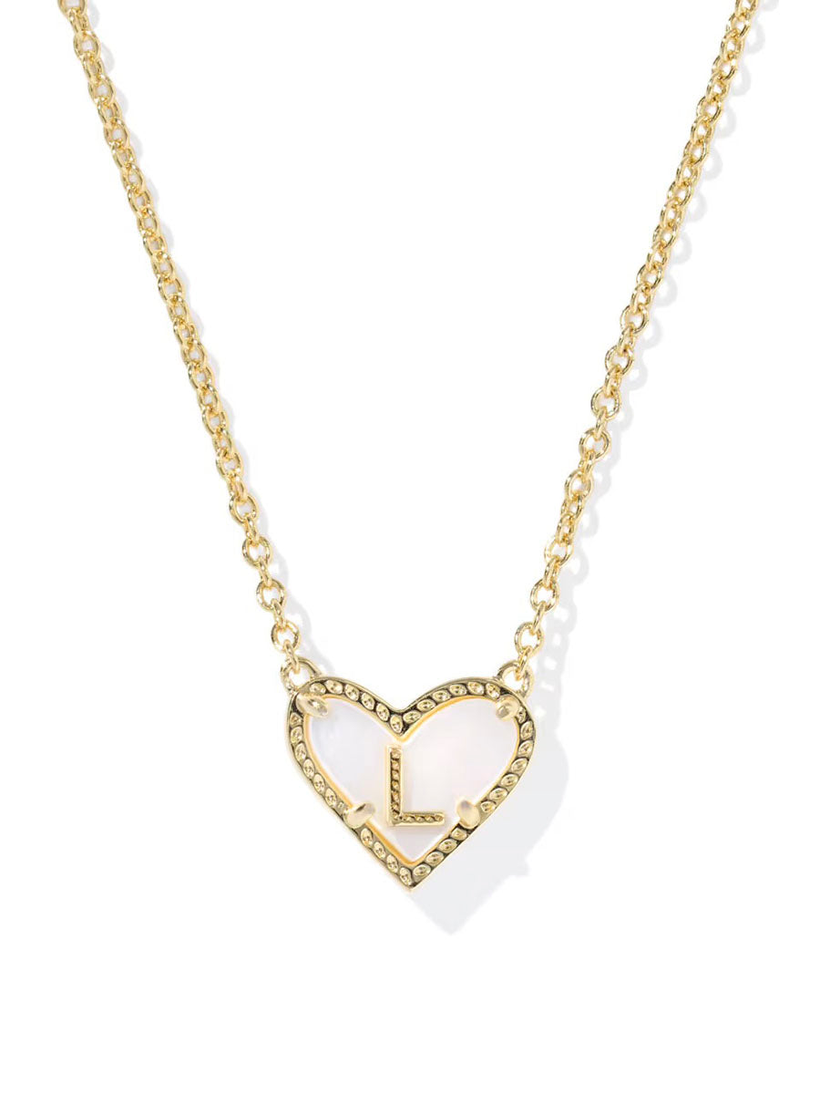 Kendra Scott Ari Heart Letter L Gold Short Pendant Necklace in Ivory Mother-of-Pearl