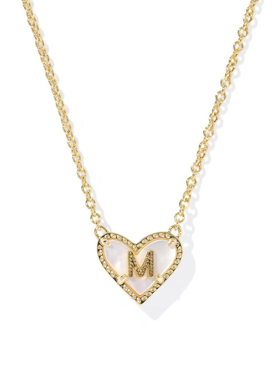 Kendra Scott Ari Heart Letter M Gold Short Pendant Necklace in Ivory Mother-of-Pearl