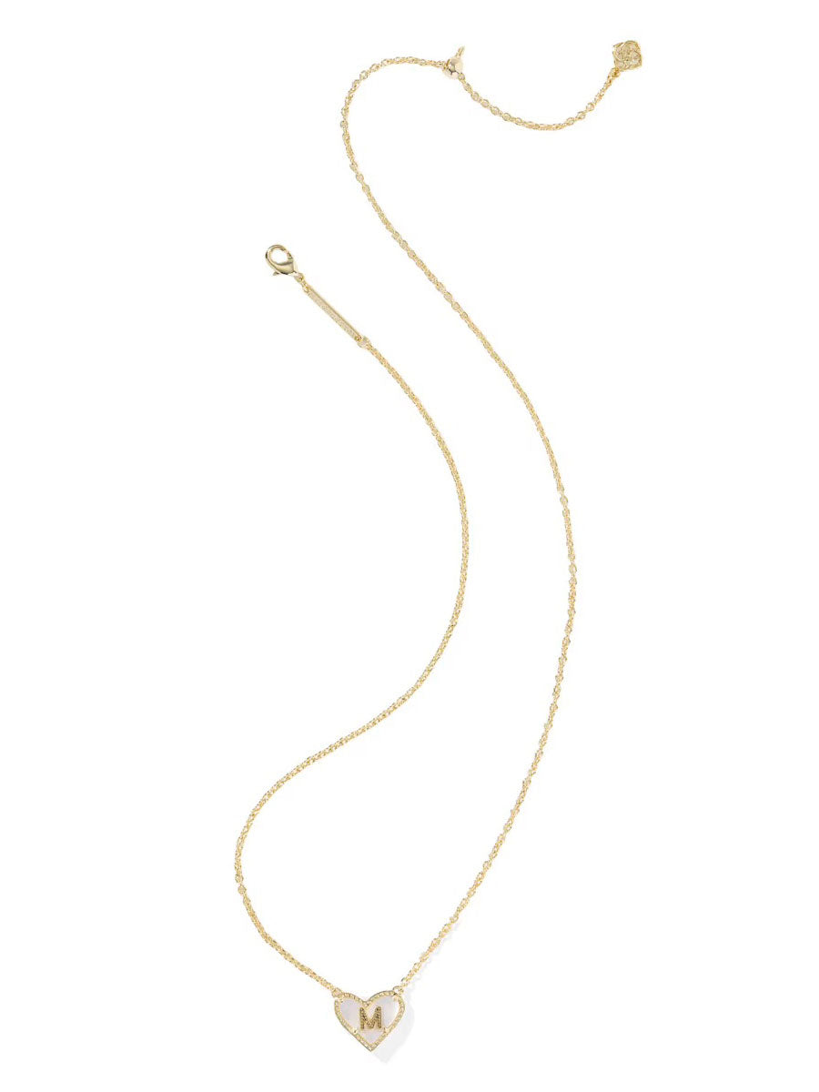 Kendra Scott Ari Heart Letter M Gold Short Pendant Necklace in Ivory Mother-of-Pearl