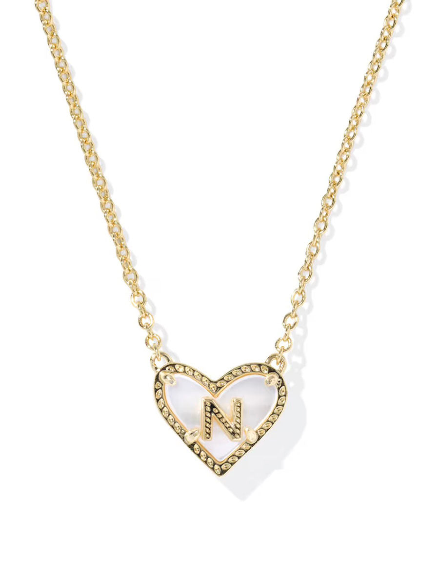 Kendra Scott Ari Heart Letter N Gold Short Pendant Necklace in Ivory Mother-of-Pearl