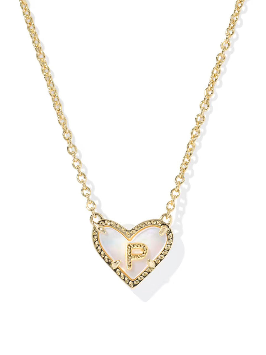 Kendra Scott Ari Heart Letter P Gold Short Pendant Necklace in Ivory Mother-of-Pearl