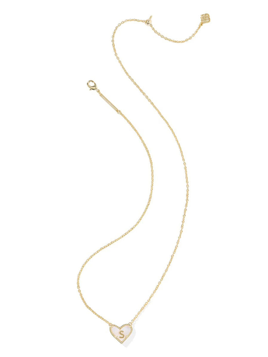 Kendra Scott Ari Heart Letter S Gold Short Pendant Necklace in Ivory Mother-of-Pearl