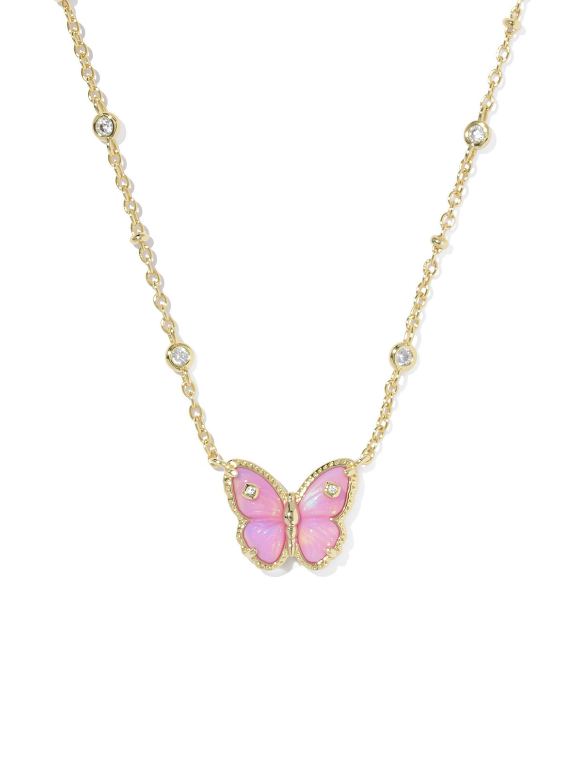 Kendra Scott Cailey Butterfly Gold Short Pendant Necklace in Pink Opalescent Resin