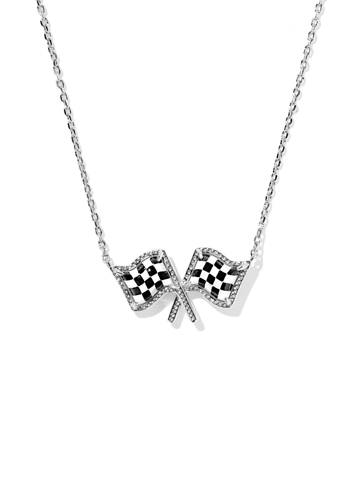 Kendra Scott Checkered Flag Silver Short Pendant Necklace in White Mother-of-Pearl