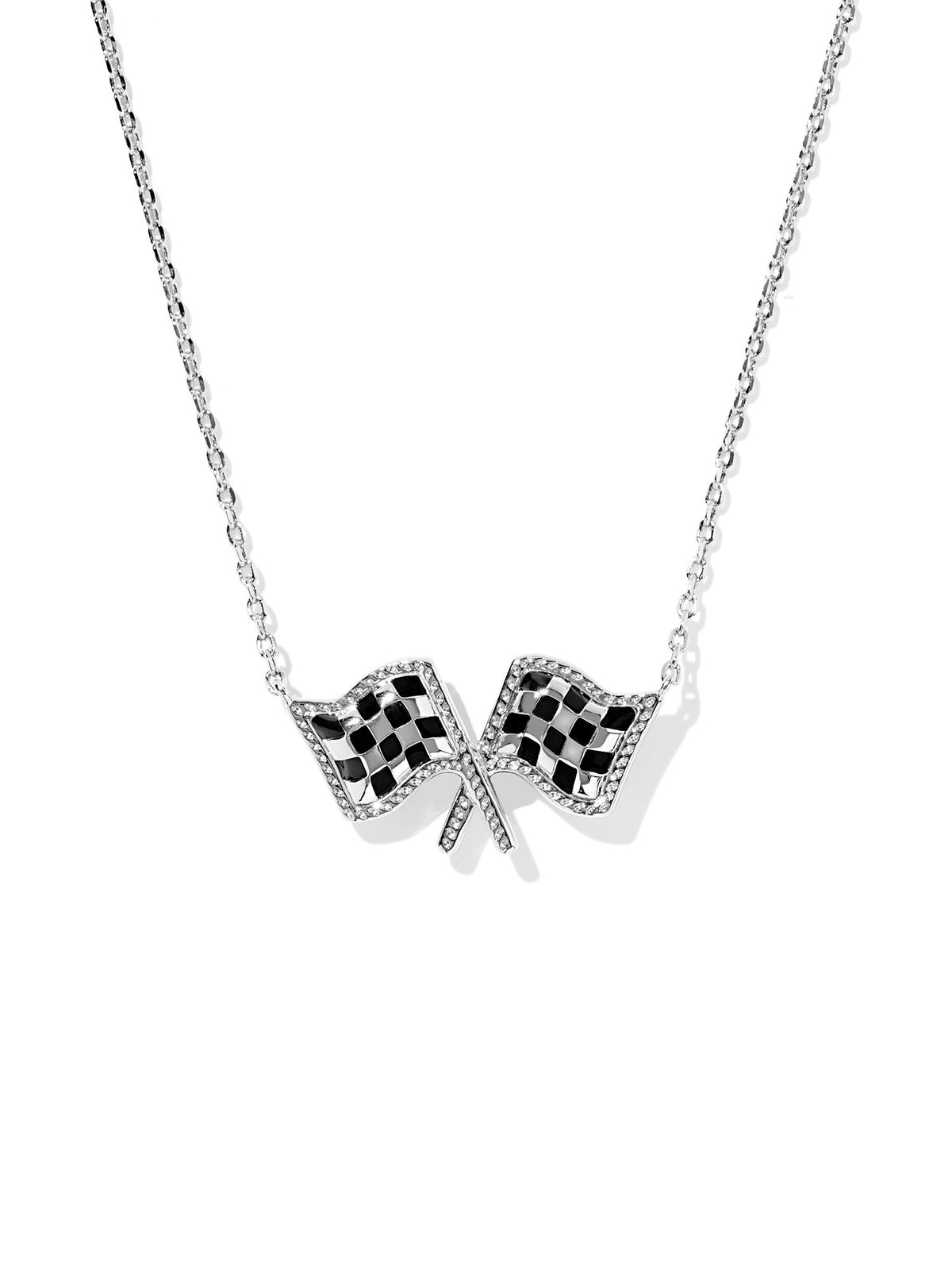 Kendra Scott Checkered Flag Silver Short Pendant Necklace in White Mother-of-Pearl