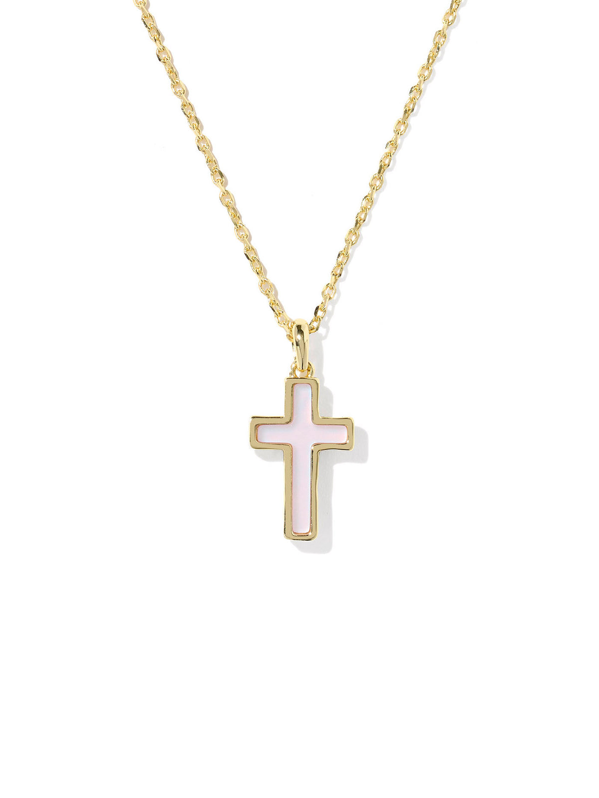 Kendra Scott Cross Gold Pendant Necklace in Matte Blush Pink Dichroic Glass