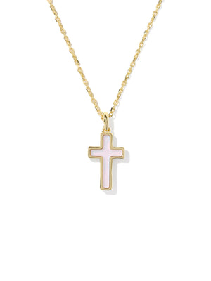 Kendra Scott Cross Gold Pendant Necklace in Matte Blush Pink Dichroic Glass