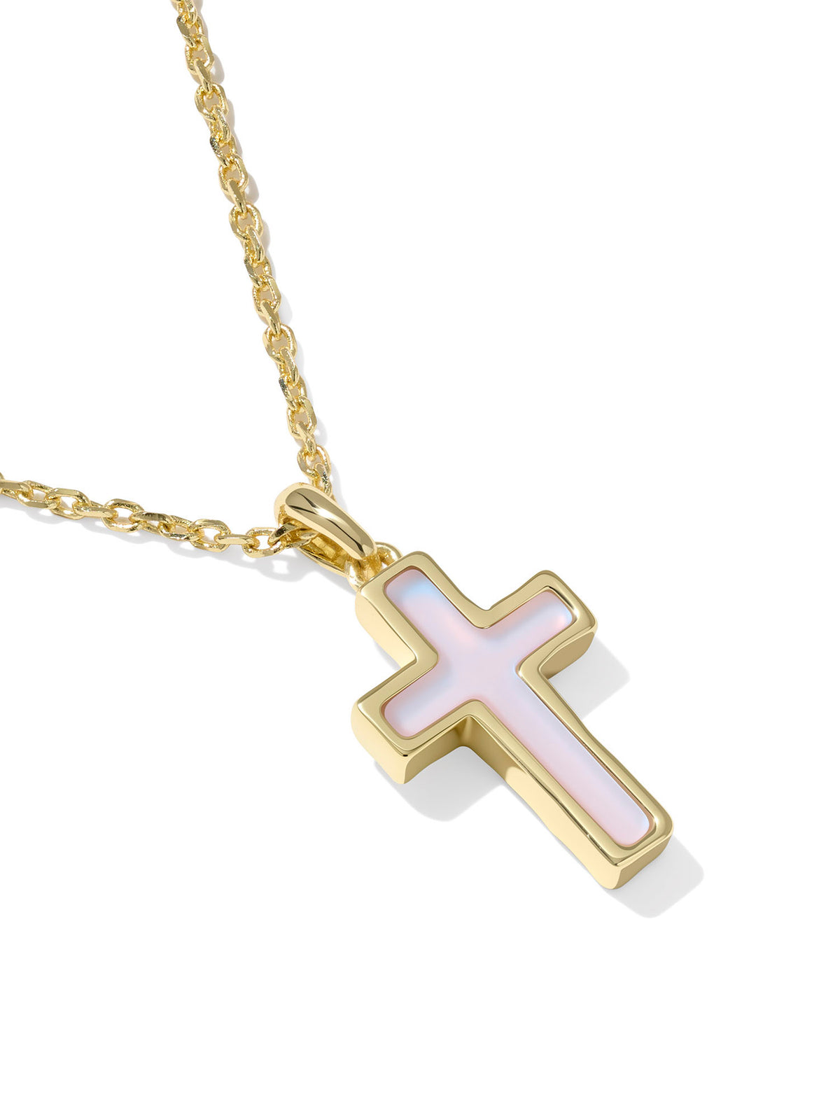 Kendra Scott Cross Gold Pendant Necklace in Matte Blush Pink Dichroic Glass