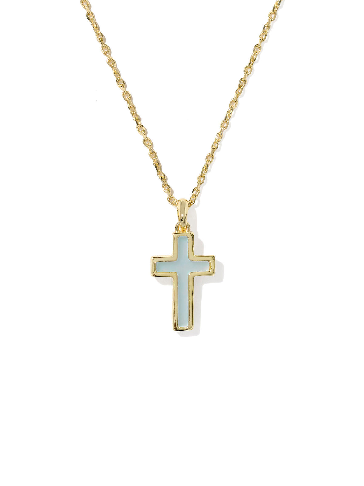 Kendra Scott Cross Gold Pendant Necklace in Matte Light Blue Dichroic Glass