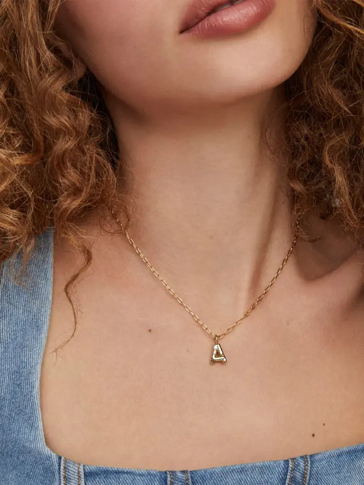 Kendra Scott Gold Crystal Letter Pendant Necklace in White CZ Letter Initial A
