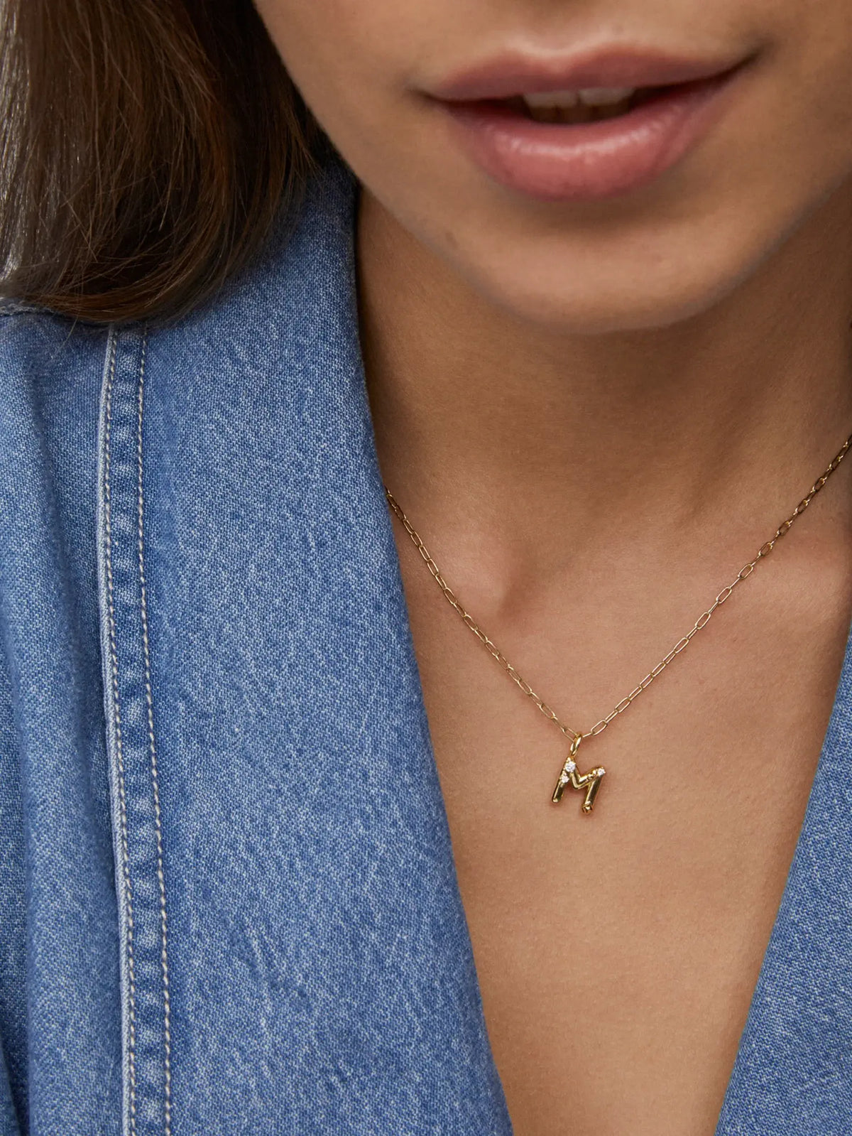 Kendra Scott Gold Crystal Letter Pendant Necklace in White CZ Letter Initial M