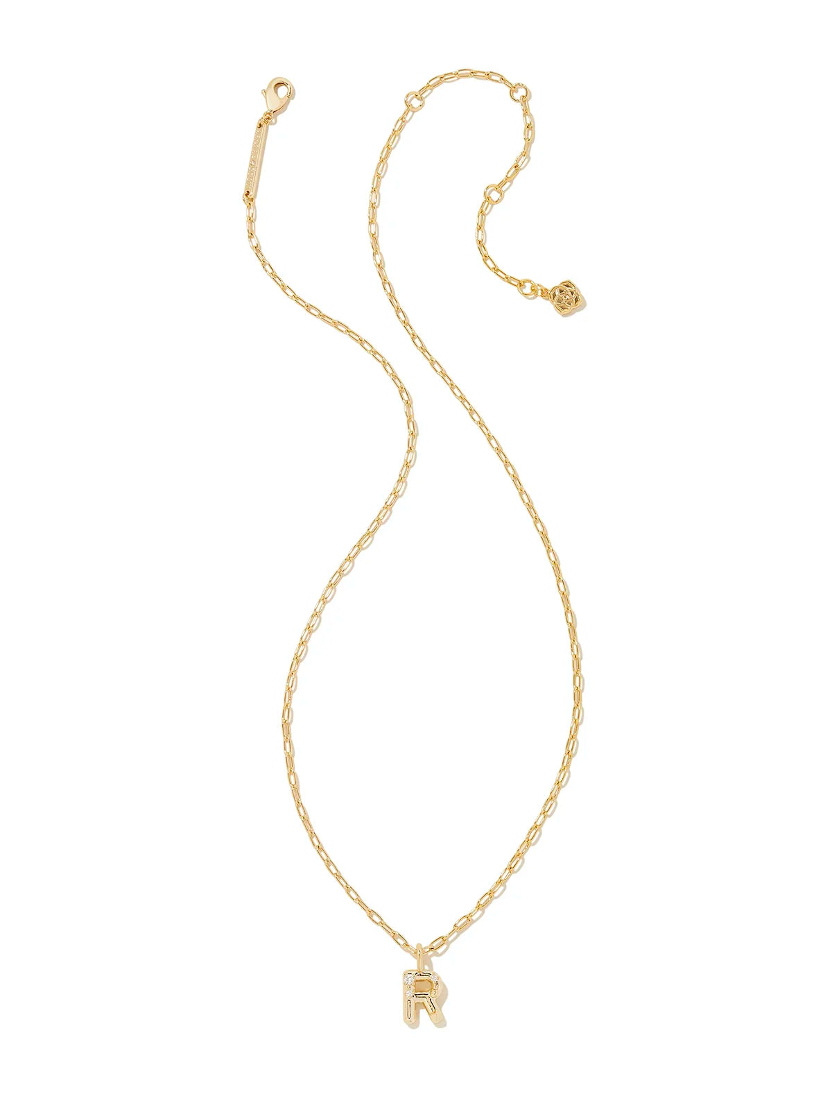 Kendra Scott Gold Crystal Letter Pendant Necklace in White CZ Letter Initial R