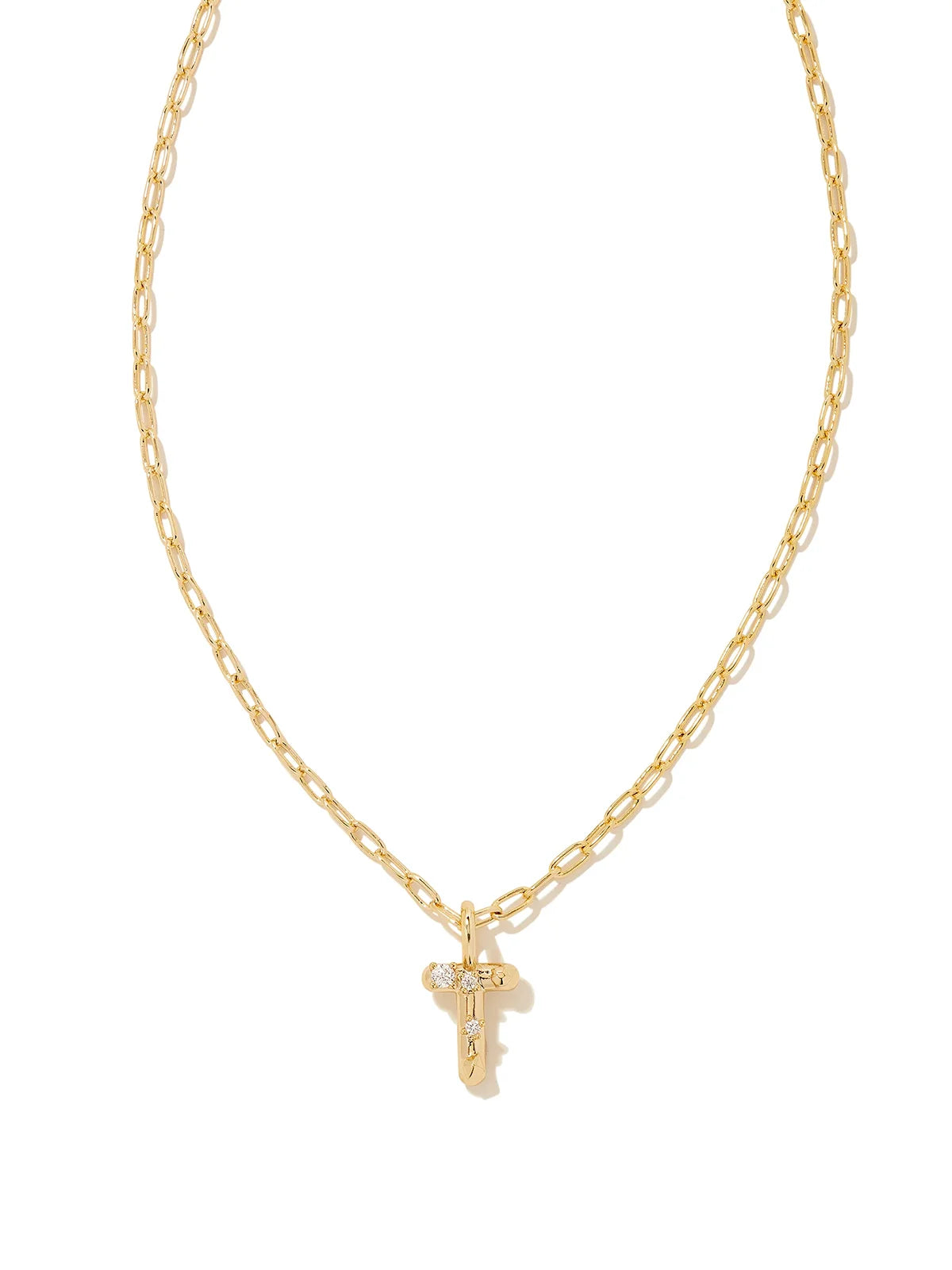 Kendra Scott Gold Crystal Letter Pendant Necklace in White CZ Letter Initial T