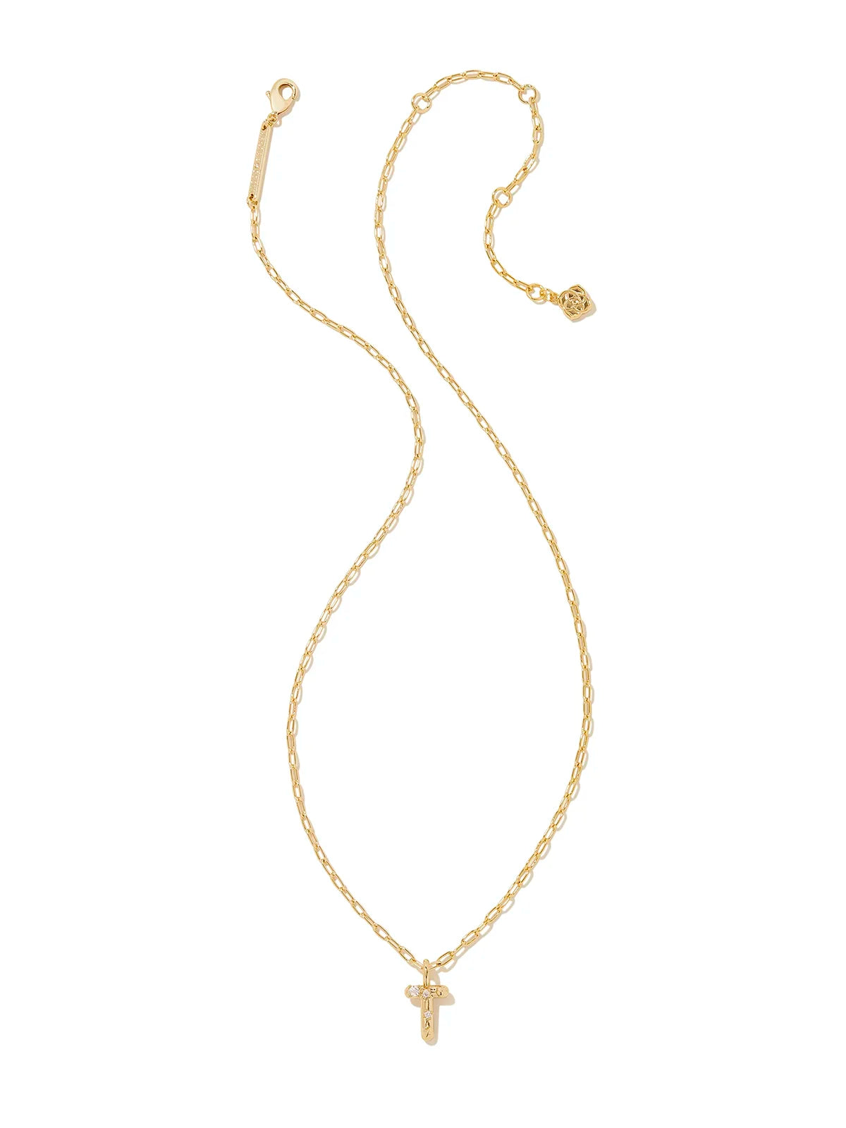 Kendra Scott Gold Crystal Letter Pendant Necklace in White CZ Letter Initial T