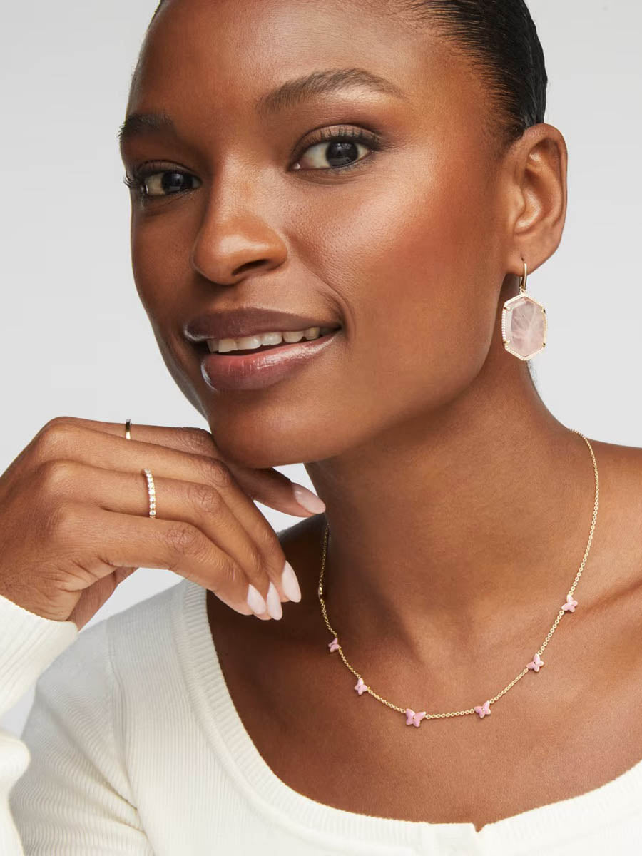 Kendra Scott Daphne Gold Pave Frame Drop Earrings in Rose Quartz