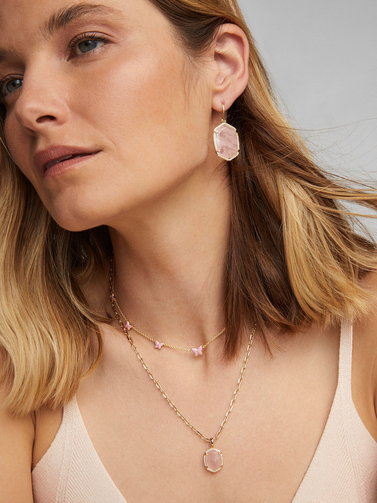 Kendra Scott Daphne Gold Pave Frame Drop Earrings in Rose Quartz