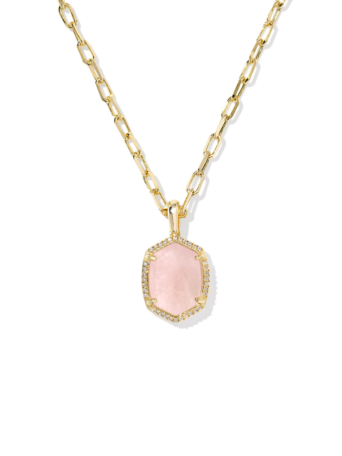 Kendra Scott Daphne Gold Pave Frame Short Pendant Necklace Rose Quartz