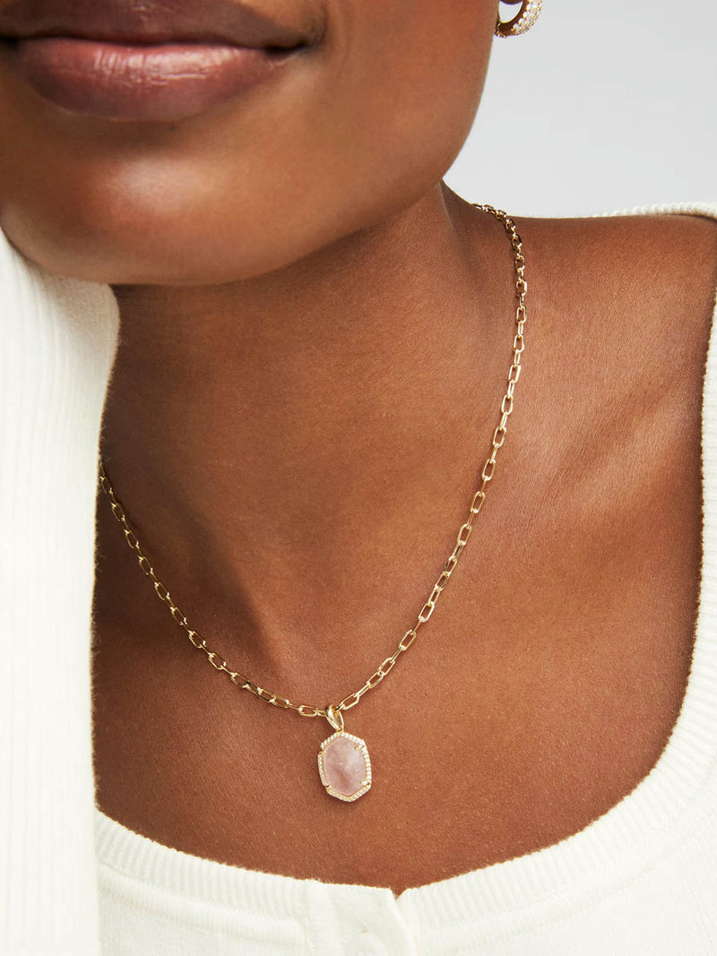 Kendra Scott Daphne Gold Pave Frame Short Pendant Necklace Rose Quartz