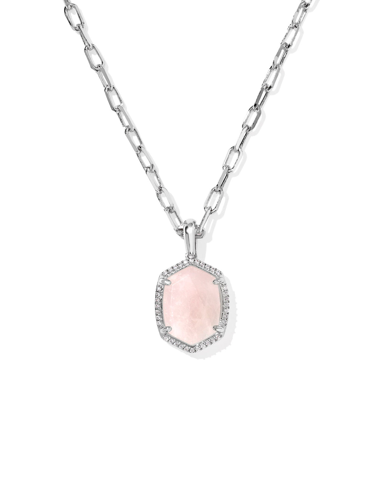 Kendra Scott Daphne Silver Pave Frame Short Pendant Necklace Rose Quartz