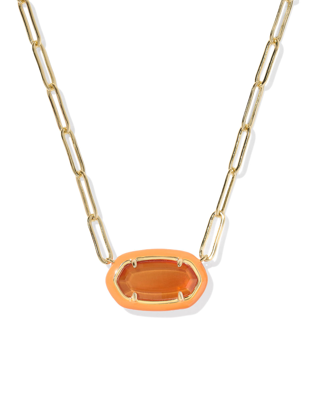 Kendra Scott Elisa Enamel Frame Gold Paperclip Necklace in Papaya Mother of Pearl & Bright Orange Enamel