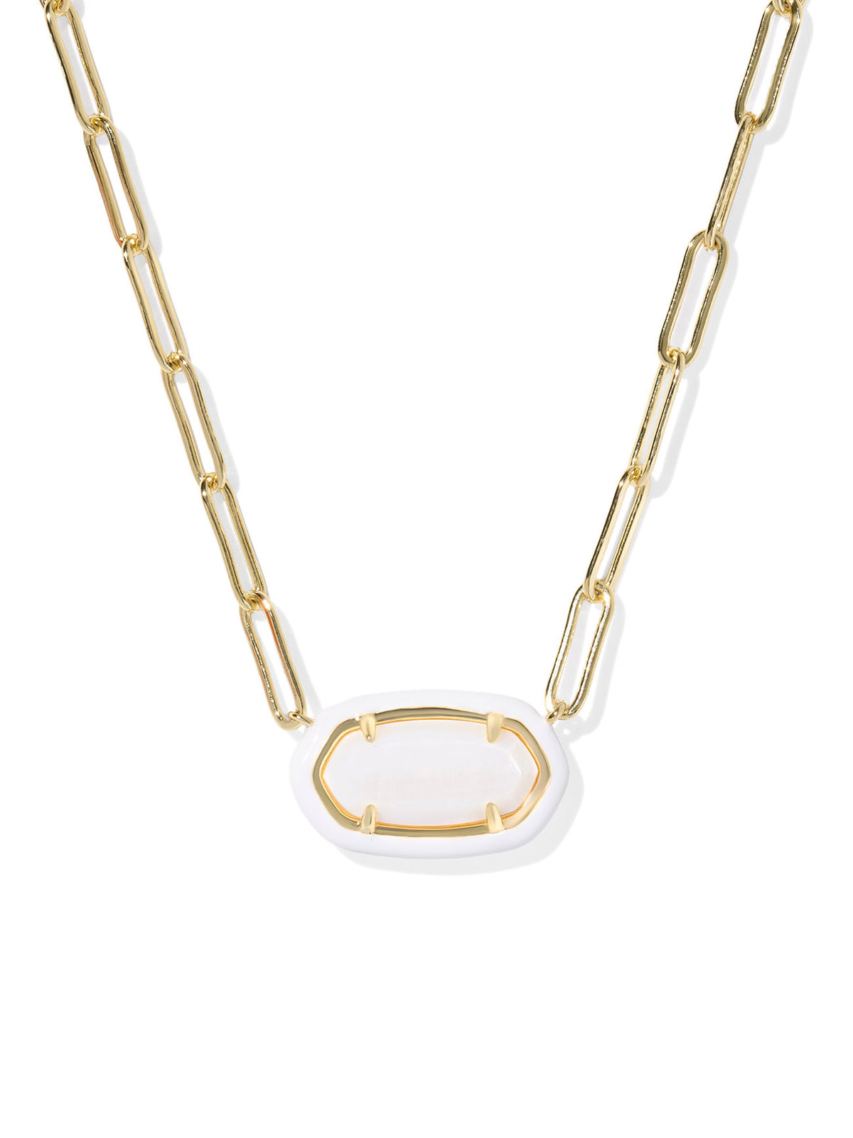 Kendra Scott Elisa Enamel Frame Gold Paperclip Necklace in White Mother of Pearl & White Enamel