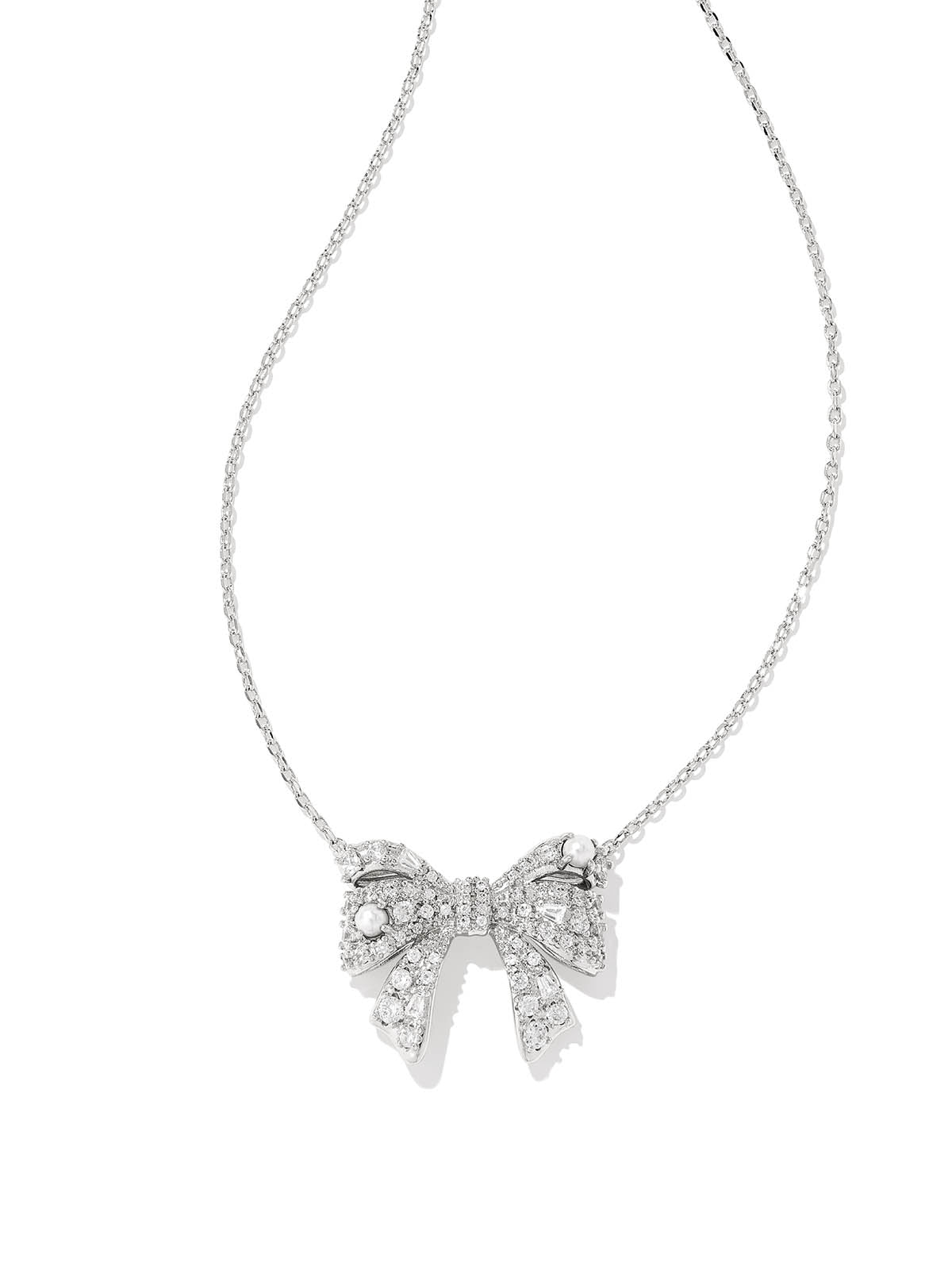Kendra Scott Krista Silver Bow Short Pendant Necklace in White Mix Pearl CZ