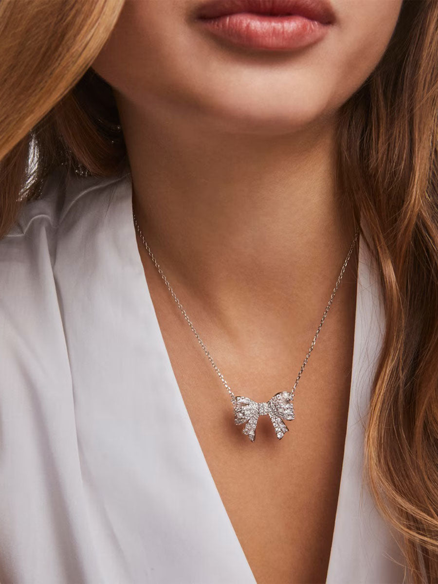 Kendra Scott Krista Silver Bow Short Pendant Necklace in White Mix Pearl CZ