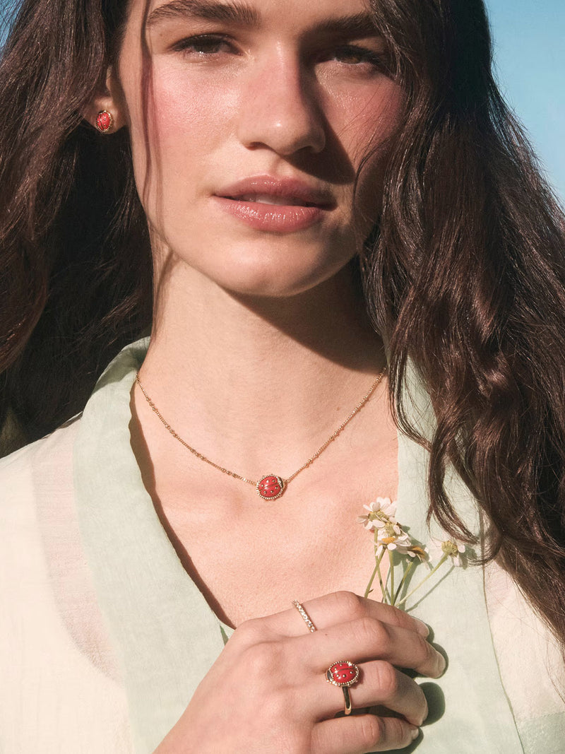 Kendra Scott Ladybug Gold Short Pendant Necklace Red Vermillion Magnesite