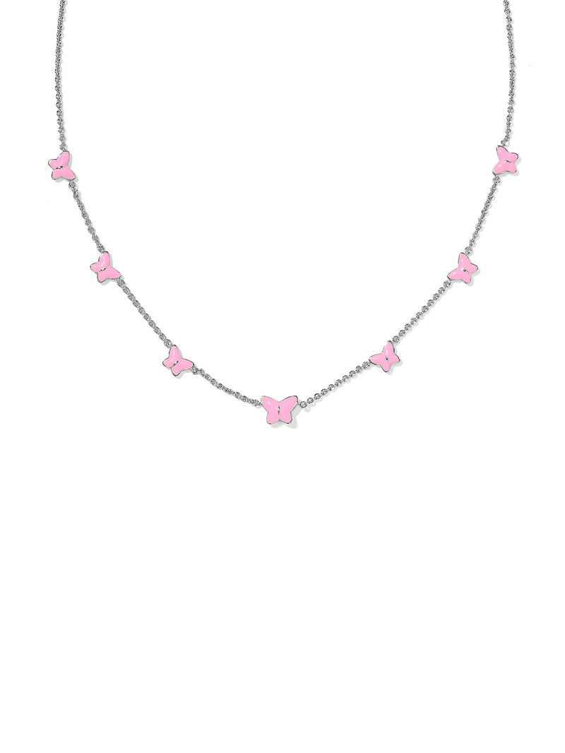 Kendra Scott Lillia Butterfly Silver Pink Enamel Strand Necklace